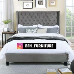Queen gray Chanelle Wingback Platform Bed w. Orhopedic Mattress Included