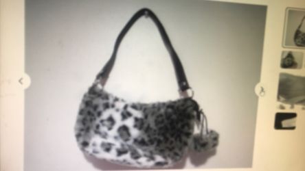 Vintage Soft and Furry Faux White Grey Leopard Mini Purse Bag with Furry Balls