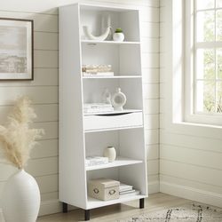 New White 5 Shelf Bookcase or Display Case With Storage Drawer