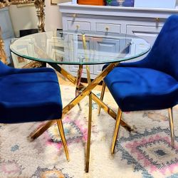 ✨ Modern Glass Dining Table + 2 Royal Blue Velvet Chairs ✨