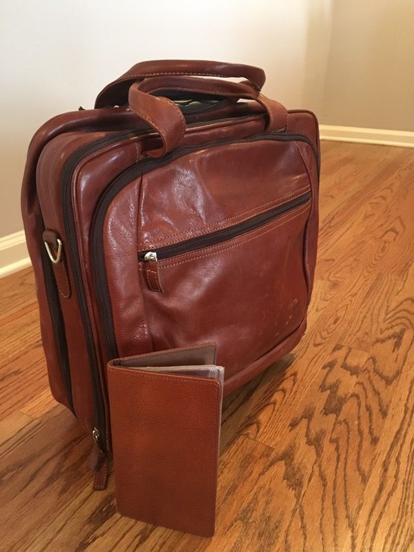 Argentine Leather Wheeled Laptop Briefcase & Leather Biz Card Holder