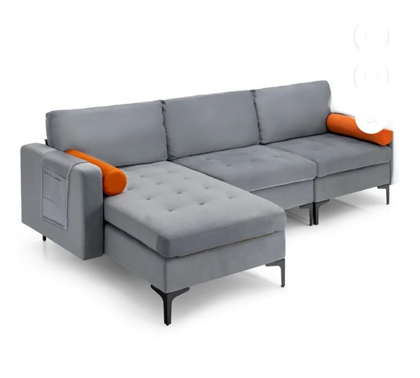 Costway Modular L-shaped Sectional Sofa with Reversible Chaise & 2 USB Ports Ash Grey