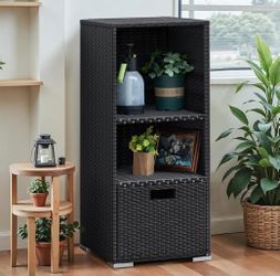 Wicker Storage Cabinet – Waterproof Patio Organizer with Shelves & Drawer
