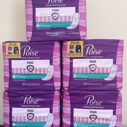 Lot of 5 POISE Fresh Protection 30 Pad Packs, 150 Total. 