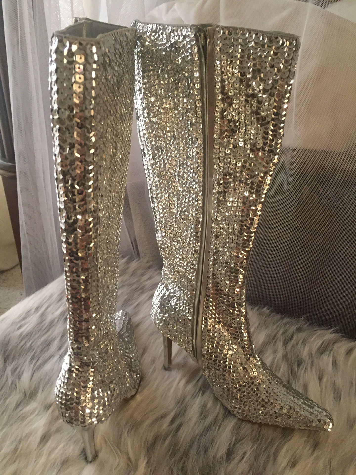 Silver Sequined knee high boots 6.5