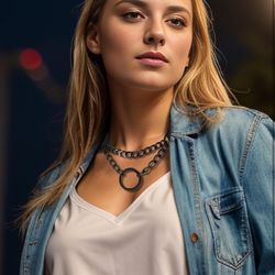 PU Leather Punk Choker Necklaces Circle  Charm Adjustable Collar Necklace 