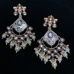 18K Gold Plated Uncut Kundan Earrings with pearls and diamonds