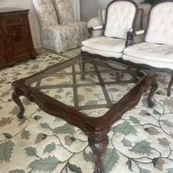Elegant Vintage Coffee Table – Glass Top, Carved Wood