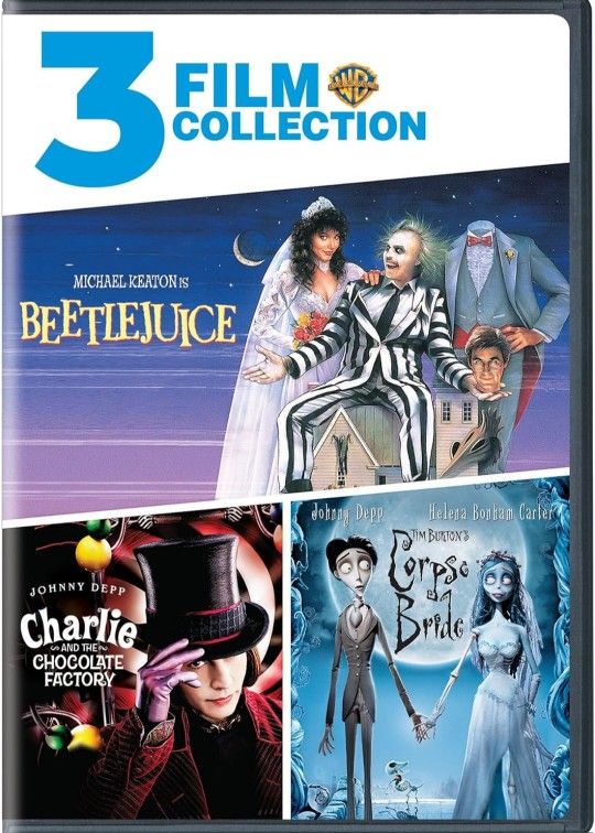 Tim Burton DVD 3-Film Collection  Beetlejuice Corpse Bride Charlie & Chocolate Factory. Very Good Condition. This image displays a DVD 3-Film Collecti