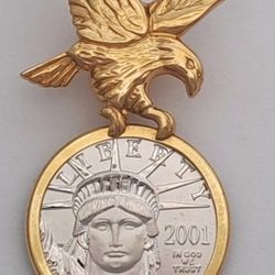 New  Unworn  1/10 -2001 PLATINUM $10.00 COIN,  SET IN HEAVY  14K  GOLD. PENDENT 