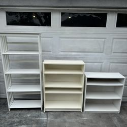White wood tall  4-layer bookcase $75, medium 4-layer bookcase $45, 3 - layer bookcase $25 