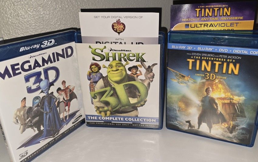 Megamind (Blu-ray 3D) SEALED + Shrek 1 2 3 + Tin Tin [ALL Are 3D Blu-ray Discs]