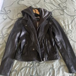 Lucky Brand Leather Motorcycle Jacket W/zip out hoodie Size XS
