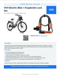 VIVI Electric Bike + Kryptonite Lock | Excellent Condition