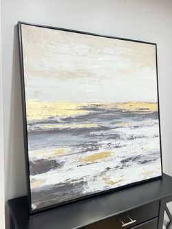 Large 41" x 41" Modern Abstract Canvas Wall Art – Gold, Gray & White