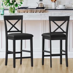 Set of 2 Bar Stools, 25.2" Rubber Wood X Back, Black Faux Leather