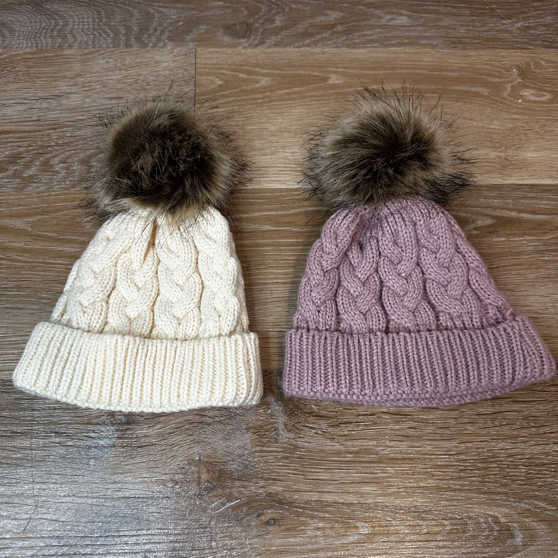 Baby Girl Size 6-12 Months BUNDLE (2) Faux-Fur Pom-Pom Winter Beanie Hat