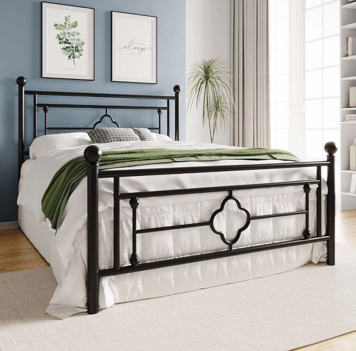 14 Inch Full Size Metal Platform Bed Frame, Vintage Victorian Style, Wrought Iron Headboard and Footboard/Mattress Foundation for Storage/No Box Sprin