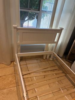 White Wood Bed Frame with Headboard for kids