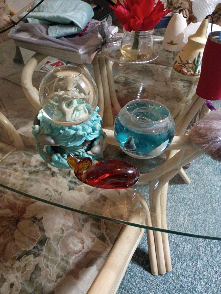 Trio Of Ocean Music Box Snow Globe Dolphins Inside, Seashell Glass And Gel Candle