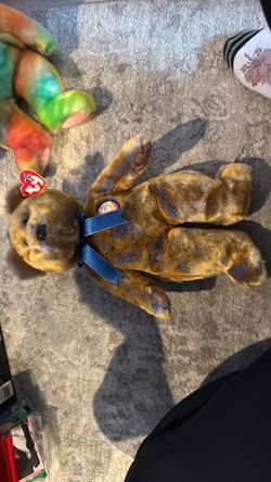 Ty Beanie Baby Brown Bear with Blue Ribbon