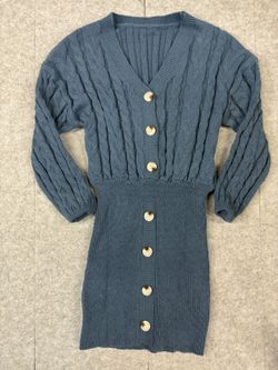 Blue Gray Cable Knit Button-Front Sweater Dress