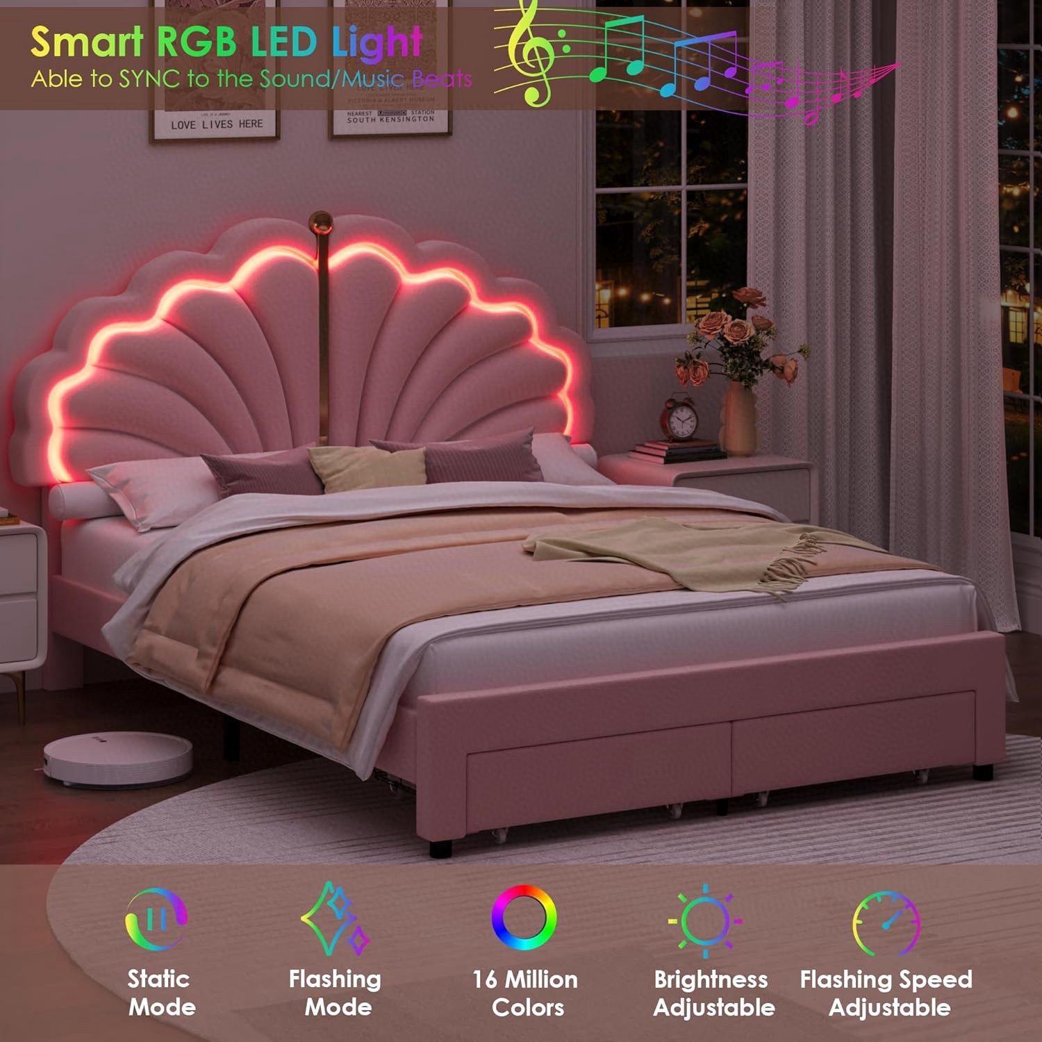 Full Upholstered LED Bed Frame with Storage Drawers, Velvet Princess Platform Bed with Adjustable Modern Shell Headboard, No Box Spring Nee