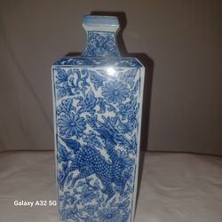 Square Asian Bird Paradise Vase Muilty Color 9"h Signed.