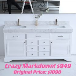 72 inch Bathroom Vanity Sink Combo Cabinet with marble top and backsplash