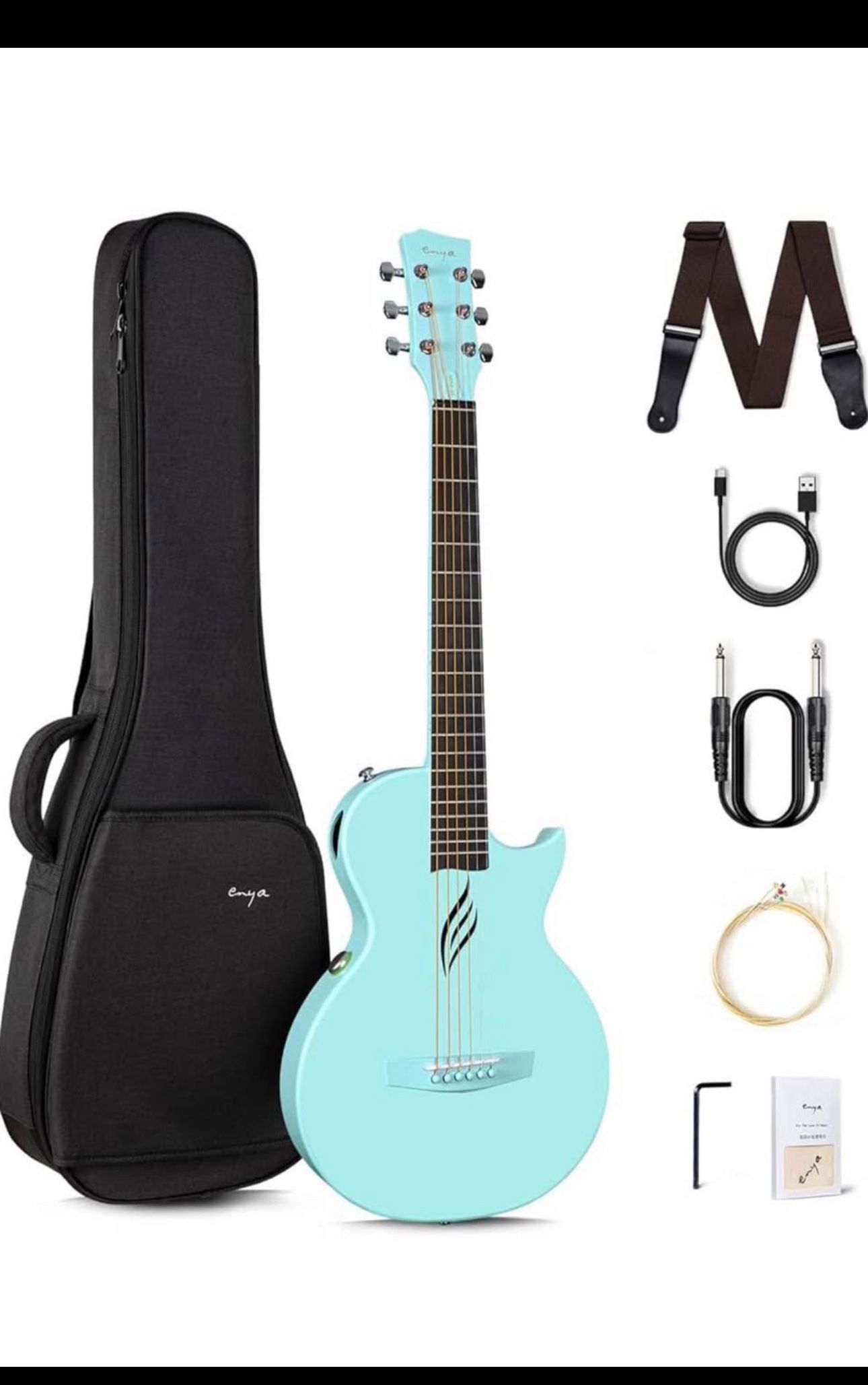 Enya NOVA Go SP1 Carbon Fiber Acoustic Electric Guitar with Smart AcousticPlus 35 Inch Travel Acustica Guitarra Starter Bundle Kit of Gig Bag, Strap,