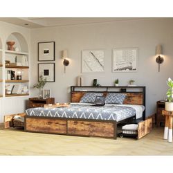 King Bed Frame with Storage Drawer, 2-Tier Storage Headboard with Charging Station, No Box Spring Needed, Easy Assembly, Vintage Brown