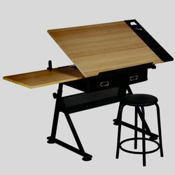 Drafting Table & Stool Set All-in-One  D rawing Table Wood, Brown