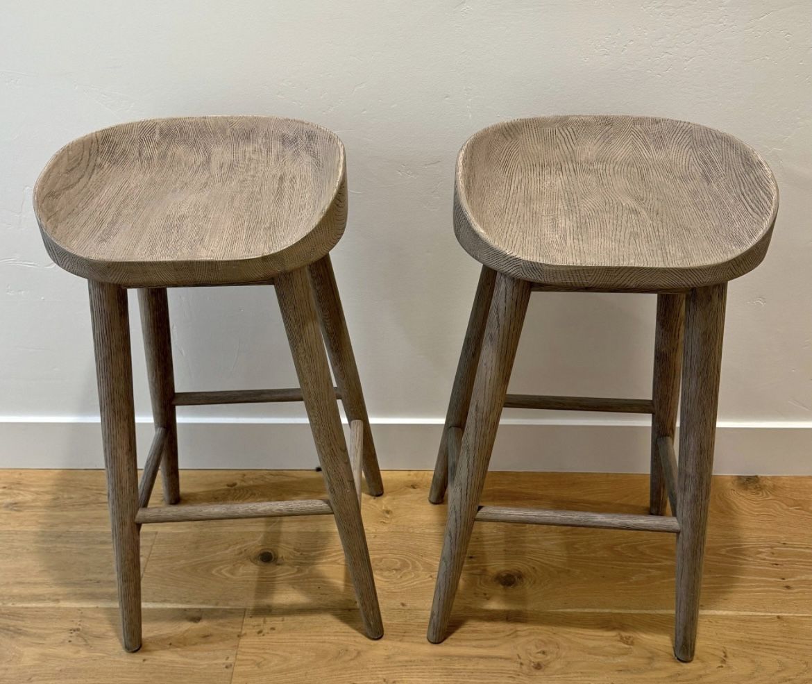 Restoration Hardware 1950’s Danish Bar Stools, Grey Oak Set Of 2