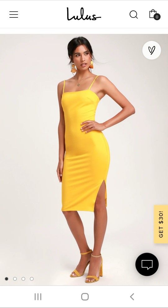NWT Lulus Size L Sexy Yellow Bodycon Slit Midi Shoulder Straps Summer Dress