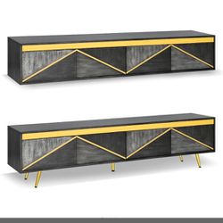 Media Console TV Stand 78"wide- Made for TV's up to 88" BNIB Black w/ gold accents