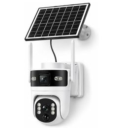 4G LTE Dual Lens Cellular Security Camera (Does not Support Wi-Fi), Solar Powered Wireless Outdoor Camera, 3MP HD 360° PTZ, Dual View Color Night Visi