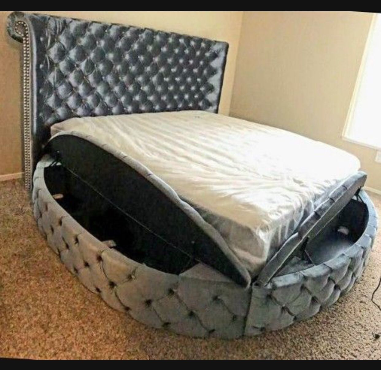 In Stock✅ Round Queen Size Gray Velvet Bed With Storage  Beds & Bed frames