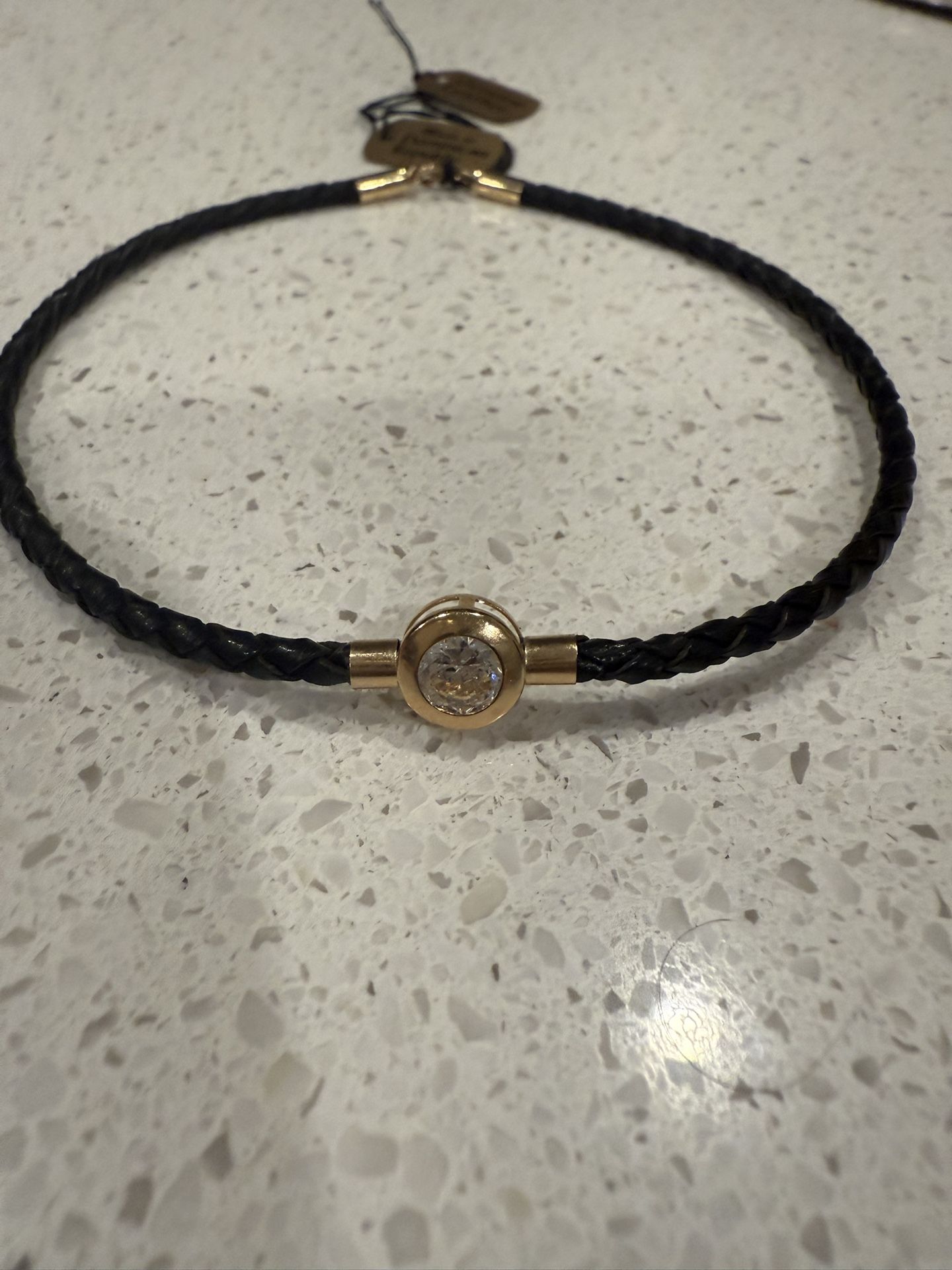 14k Gold Detail Leather Braided Band Cz Gem Stone Anklet
