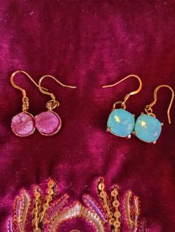 Colorful Pink Natural Stone And Blue Topaz Square Earrings..