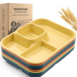 Vesici 8 Pcs Large 12 Inch Unbreakable Divided Plates for Kids Adults - Wheat Straw Tray - Microwave Dishwasher Safe - Reusable Plastic Compartment Pl