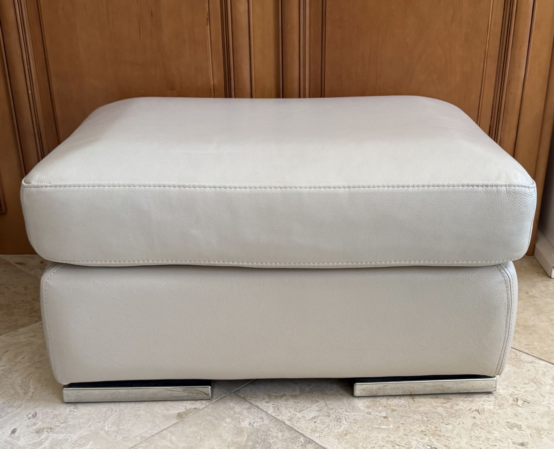 Supple Leather Rectangle Ottoman | Color: Almond | Silver Rectangular Legs | Great Condition