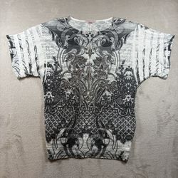 Y2K Affliction Style Women's L White Rhinestones T-shirt Grunge Emo Made USA