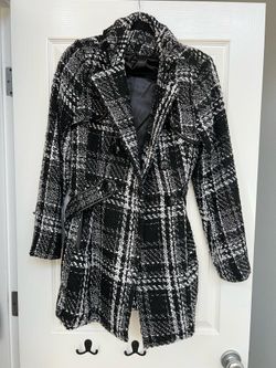 BCX Black and White Plaid Tweed Coat