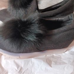 Girl's Black Shoes With Pom Poms... 