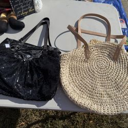 2 Like New WOMENS Tote Handbags- 1 Black Sequin & 1 Straw