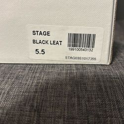 Brand new, never worn Steve Madden “Stage” shoes in black leather, women’s size 5.5. 	•	Genuine leather 	•	Classic dress / business casual style 	•	Or
