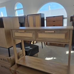 Rattan Console Table Boho Entryway Table Small Narrow Sofa Hallway Table with Drawers Open Storage Shelf for Living Room Natural. New in the box.  Pic