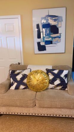 Beige Fabric Sofa with Nailhead Trim