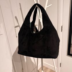 Black Suede-like Hobo Bag with Patterned Strap