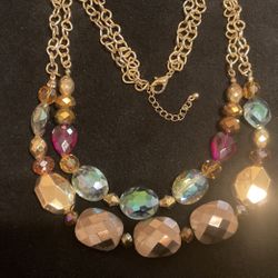 24”Vintage Gold tone Multi Strand Crystal Necklace 
